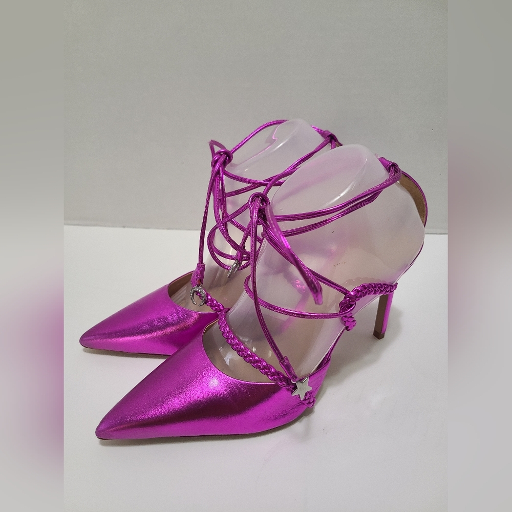 Schutz Lunah Metallic Bright Violet Lace Up Strappy High Stiletto Heels Size 8.5 - Picture 6 of 11